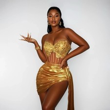 Malu - Gold Strapless Gemstone Sequin Two Piece Corset Skirt Set Sizes S to XL