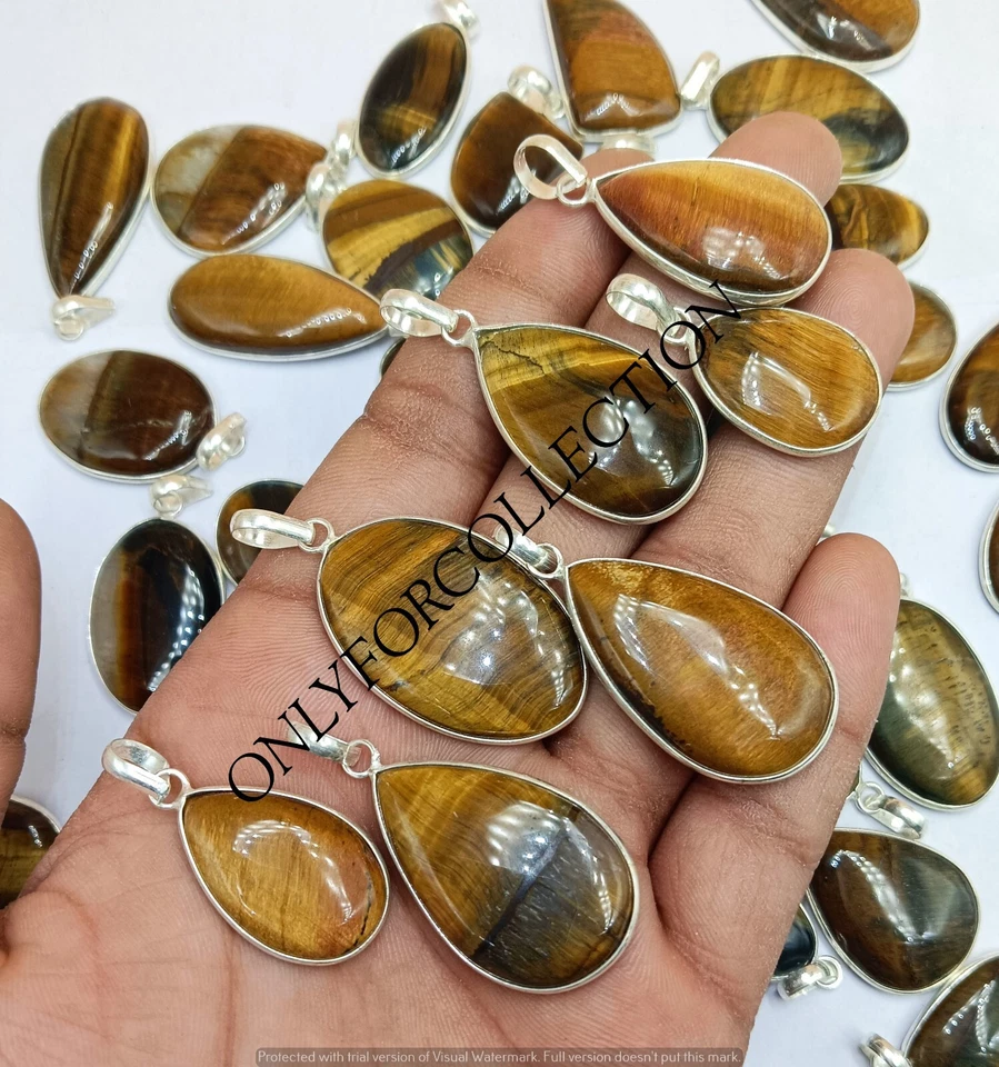 ¡Regalo!! Lote de piedras preciosas de ojo de tigre natural enchapado en plata de ley 925 bisel colgante Foto 2 de 3