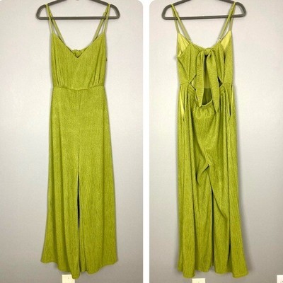 Lulu s Get the Groove Crinkle Wide-Leg Jumpsuit Women s Sz M Tie-Back Chartreuse