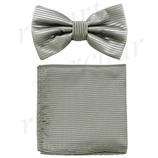 New formal Men's polyester pre-tied bow tie hankie horizontal stripes gray