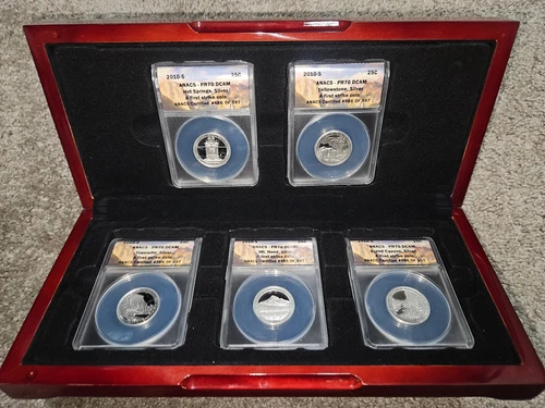 🌟2010-S ANACS PR70 DCAM First Strike 5-Coin Silver Quarter Proof Set #486/997
