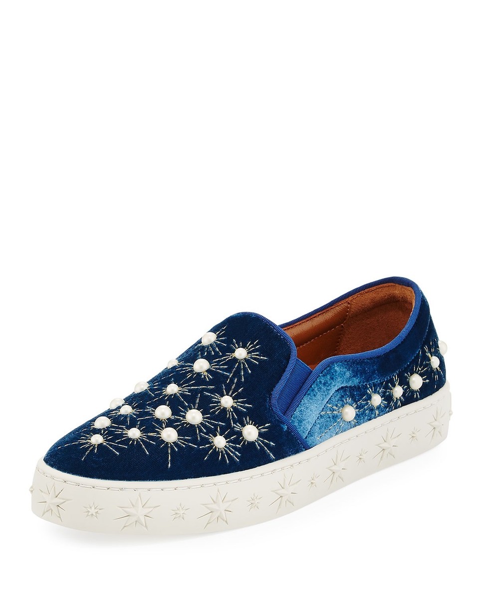 NWT $890 Aquazzura Ocean Blue Cosmic Pearls Slip-on Sneakers  