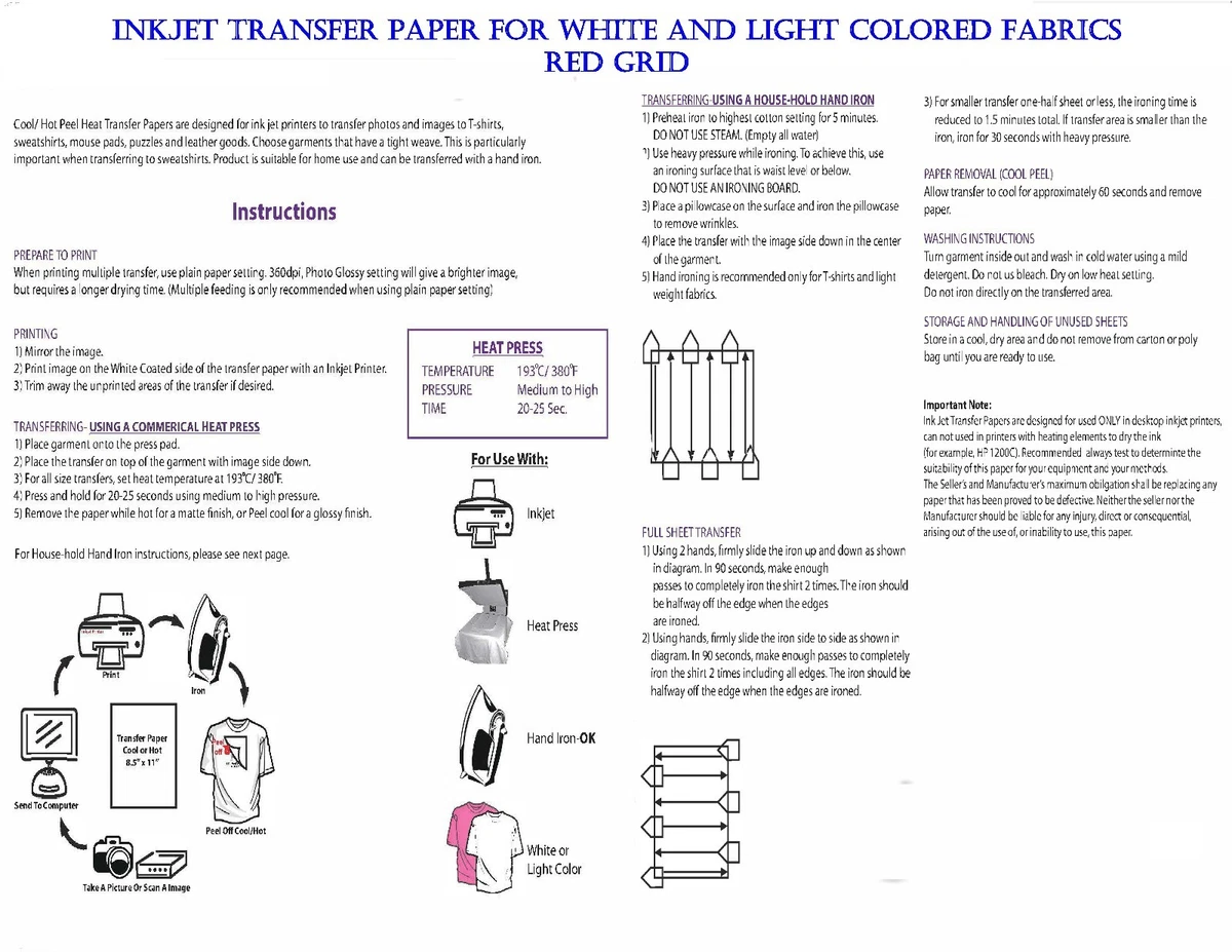 HEAT TRANSFER PAPER RED GRID LIGHT T SHIRT INKJET PAPER IRON ON 100 Sh  8.5"X11 | eBay
