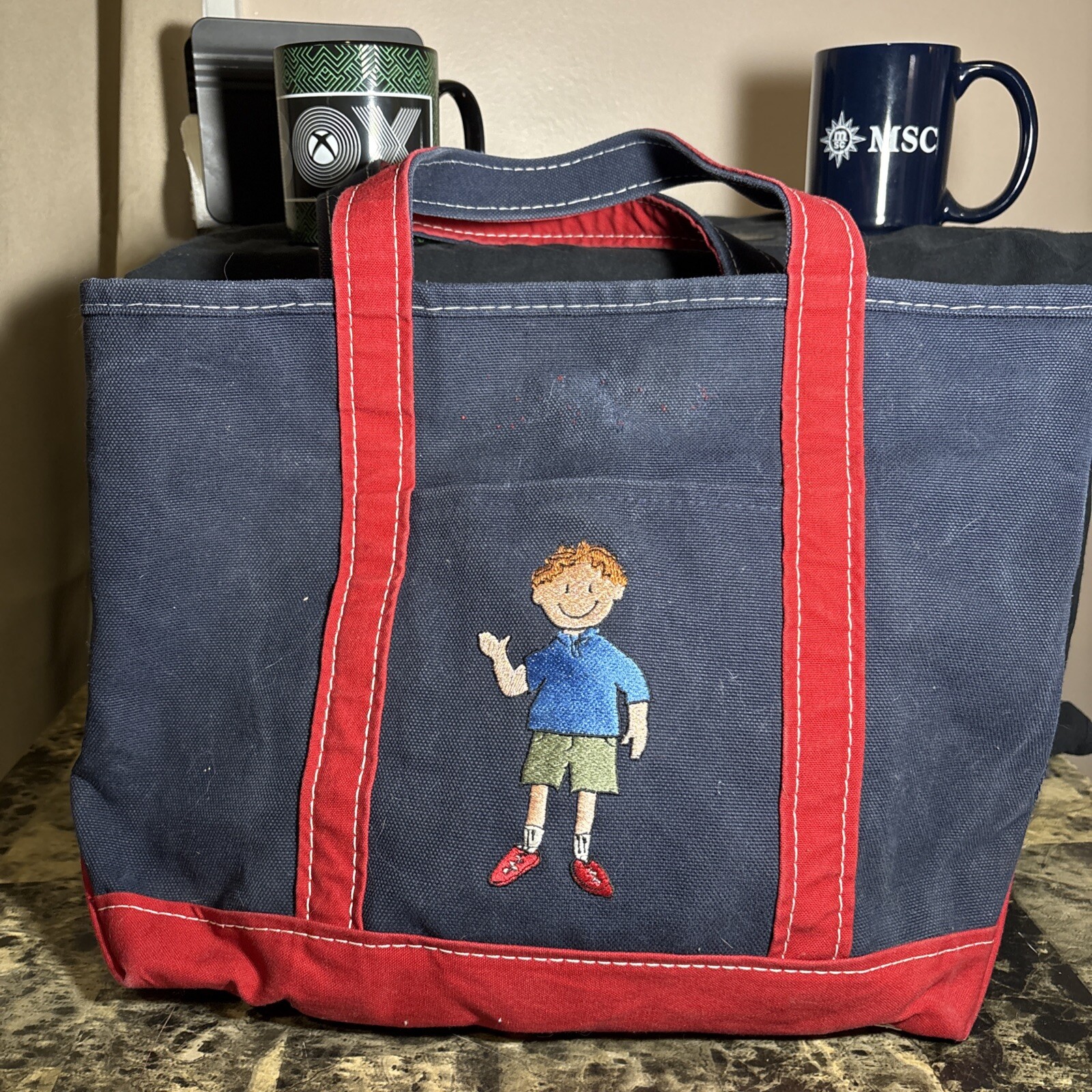 Vintage LL Bean Navy Canvas Boat Tote with Red Trim Open Top Handbag