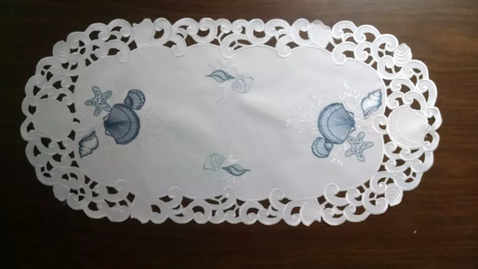 Doily Boutique Table Runner, Doily, Mantel Scarf with Blue Seashells on White - Image 4 of 4