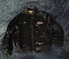 Universal Studios Hollywood Vintage Black Satin Bomber Jacket Large Distressed