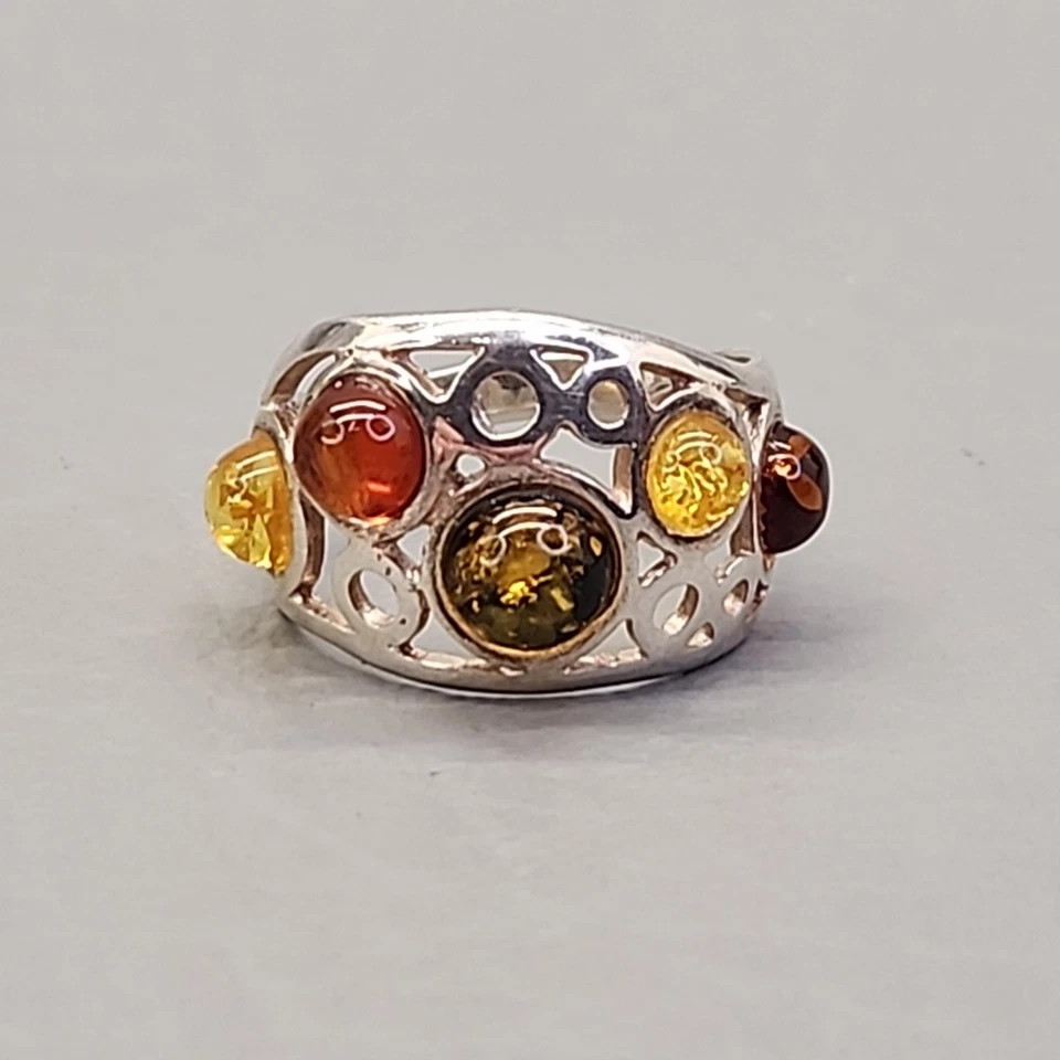 复古 Artisan 琥珀戒指 纯银 925 BT 手工制作 尺寸 7 — 第 2/4 张图片