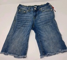 True Religion Boys 10 Geno Relaxed Slim Denim Shorts Blue Frayed Horseshoe Flap