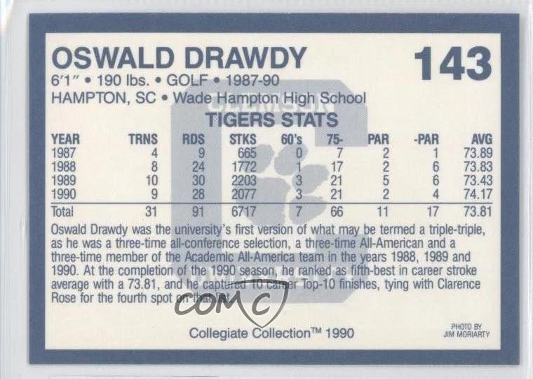 1990 Collegiate Collection Clemson Tigers Oswald Drawdy #143 - Image 2 of 2