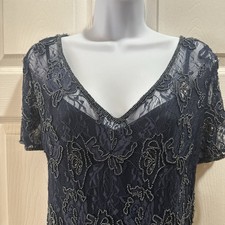 Papell Studio By Adrianna Papell Beaded Blouson Gown LongMaxi Dress Navy Blue 16