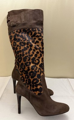 Ralph Lauren Calf Hair Fur Brown Leather Leopard Spot Buckle Tall Boots Heels  9