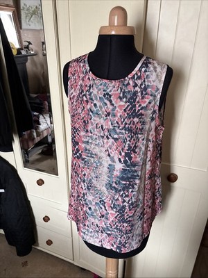 AVON Damen Top Gr. 10/12 Rosa Blau Mix Ärmellos Seidig Rundhals Leicht