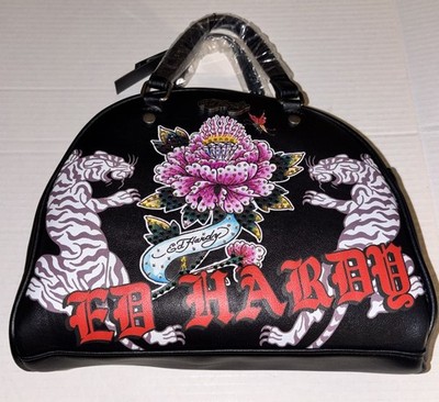 Ed Hardy Black Tiger Floral Tattoo Logo Print Bowler Bag Y2K Rhinestones