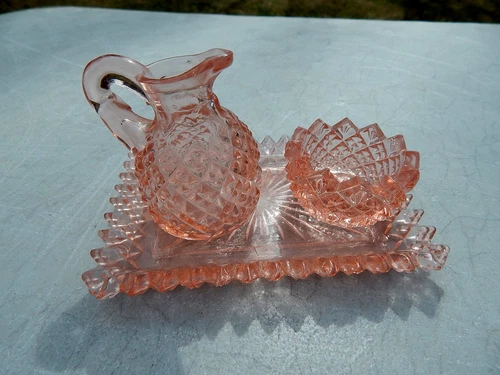 RARE PINK MISS AMERICA DEPRESSION GLASS MINIATURE CREAMER & SUGAR W/ UNDER TRAY