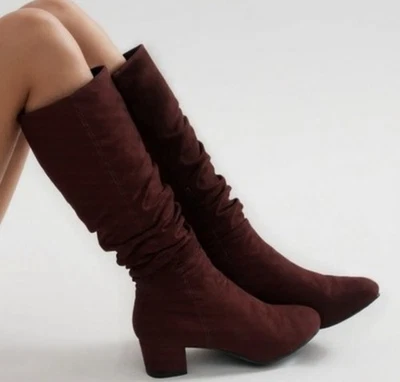 READY SALTED NEW SEASON ON TREND ROUCHE BROWN FAUX SUEDE KNEE BOOT INSIDE ZIP LOW HEEL