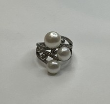Elegant 925 Sterling Silver Triple Pearl Designer Statement Ring / Size 7