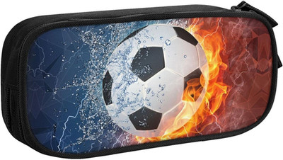 Boys Pencil Case with Soccer Printed, Cool Fire & Water Portable Pen Bag Pouch w