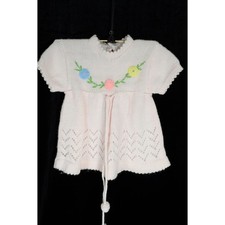 Vtg 1970s Baby Girl's Knitted Dress Sz 3M Embroidered Delicate Lace Stitches