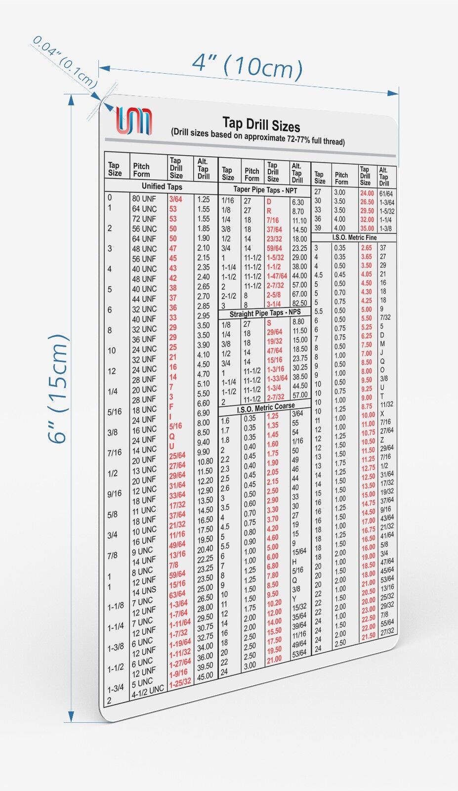 MAGNETIC Tap Drill Size Chart POCKET SIZE 11x15 cm