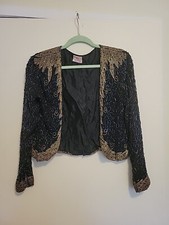 Vintage Beaded Silk Bolero Jacket Navy Gold XS