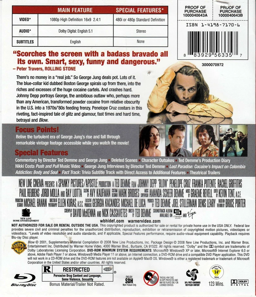 BLOW - Johnny Depp, Penélope Cruz, Jordi Mollà, Franka Potente, New BluRAY - Image 2 of 2