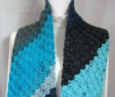 Crocheted Ladies Neck Scarf, Scarves & Wraps ~ 'Aquarius' Blues/Gray 60" Long