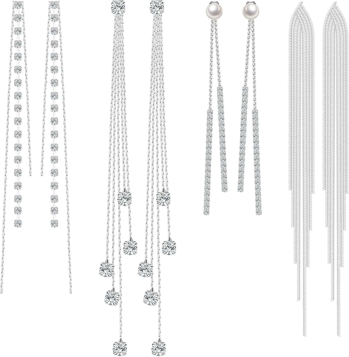 4 Pairs Long Tassel Dangle Drop Earrings Metal Chain Earrings Fake Crystal Pearl