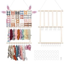 Bow Holder Organizer for Girls Hair Bows, Beige-3 Tier 20 Hooks 8 Ribbons 