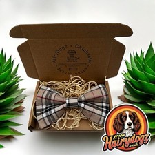 Handmade Dog Bow Tie With Collar Attachment Beige Tartan Medium