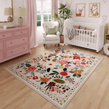 Washable 3x5 Boho Floral Rug, Non-Slip Low Pile Carpet for Bedroom & Kitchen