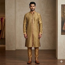 New Manyavar Men Size M 38 Gold Self-Design Kurta Set Traditional Indian Wedding