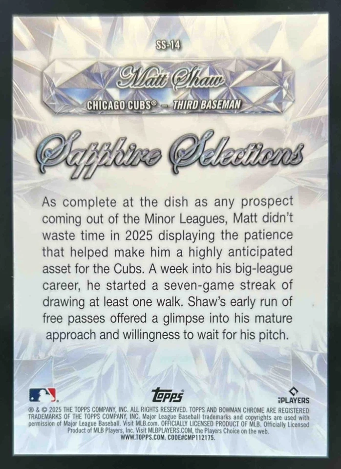 2025 Bowman Chrome Sapphire Matt Shaw Selections Gold Refractor RC #40/50 Cubs - Image 2 of 2