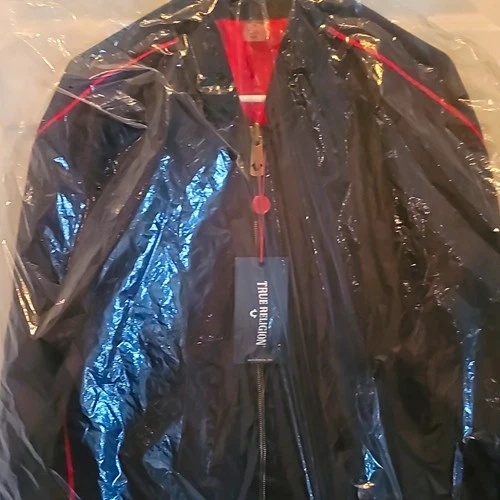 True Religion Men’s Bomber Jacket Full Zip Black/Red L Nylon Pockets - product listing photo