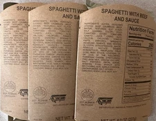 MRE Military (3) Spaghetti with Meat Sauce Entrees with condiments…….EN115