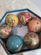 Twelve Glorious Angels Vintage Decoupage Christmas Ball Ornaments w Original Box