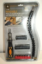 25 PCS. U.S. ARMY BENDABLE MULTI-SCREWDRIVER SET W/ RATCHETING DRIVER