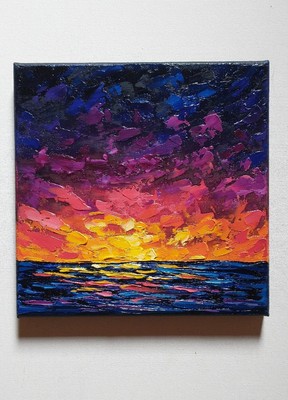 Textured Original 8'' Oil Painting Colorful Sunrise / Sunset Cloudy Sky Ocean Sea