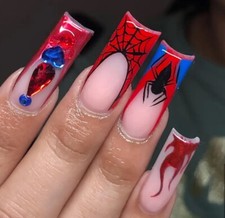 24pcs Fun Square Press on Nails, Spider Web,Long Nails, Nail Art Tips