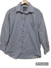Sz 16.5 34/35 L Claiborne WRINKLE FREE Blue w/ Brown Stripes Button Up Shirt