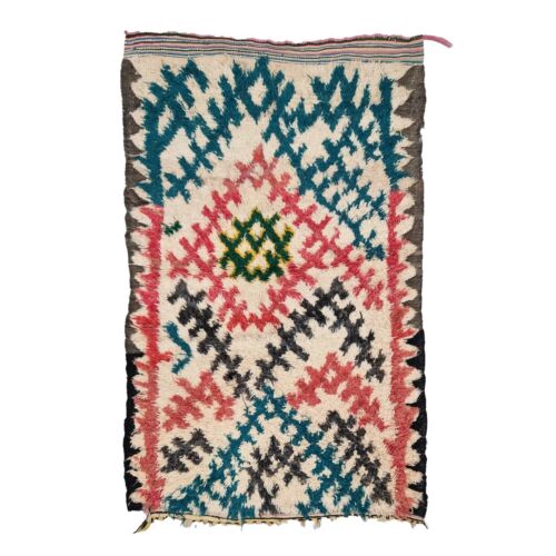 Moroccan Handmade Vintage Rug 3'2x5'6 Berber Geometric Red & Blue Wool & Cotton - Picture 1 of 10