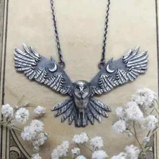 Owl Spread Wings Moons Pendant Necklace
