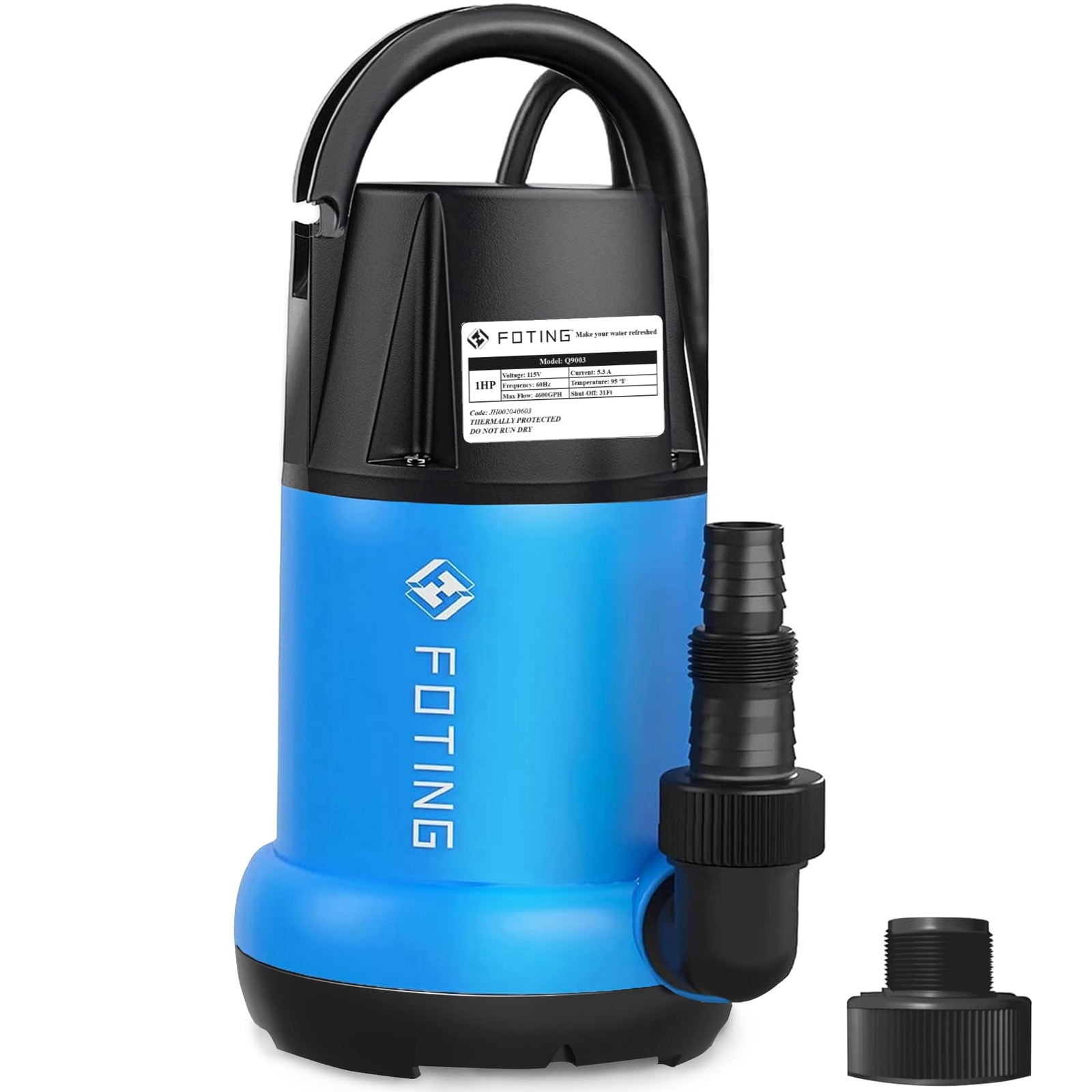 Submersible Water Pump 1HP 3960 GPH for Clean/Dirty Water Use, Portable Therm...