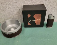 Smoking Set Solid Steel and Leather Ashtray & Lighter Case