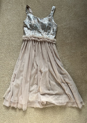 Youth Girls Beige A-Line Dress Size 12 Sequin Top Mesh Skirt