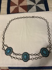 Vintage Faux Turquoise Concho Belt, Antiqued Silvertone Chain, 3 Medallions, Wow