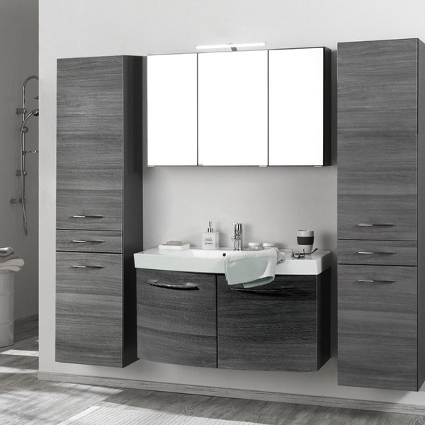 Badezimmer Set Eiche 100Cm Waschtisch Led Spiegelschrank BadmöBel 2 HochschräNke-image