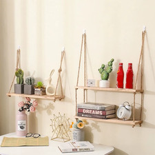 Wooden Floating Shelves for Wall Plant Flower Wood Swing Hanging Rope Storage UK