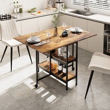 Image of Mobile Drop Leaf Dining Table on Wheels Folding Table with Shelf Retro Brown