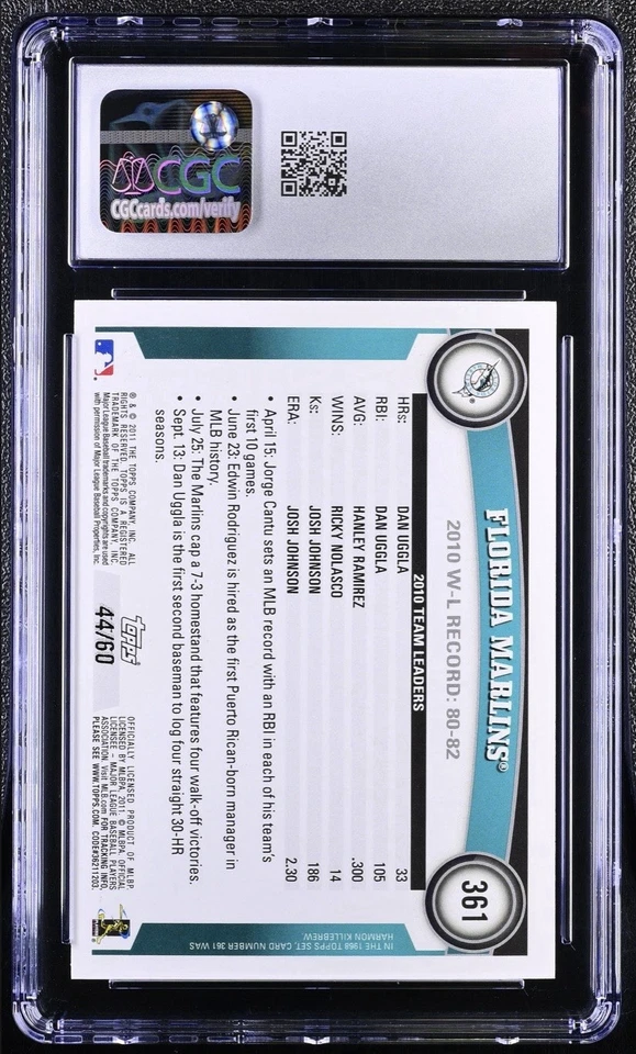 2011 Topps Florida Marlins Black Parallel /60 #361 CGC 9.5 Mint+ - Image 3 of 3