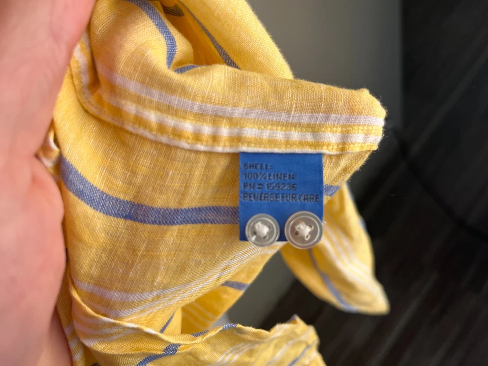 J. McLaughlin Men's yellow, blue & white striped 100% linen long sleeve shirt XL - Image 2 of 4